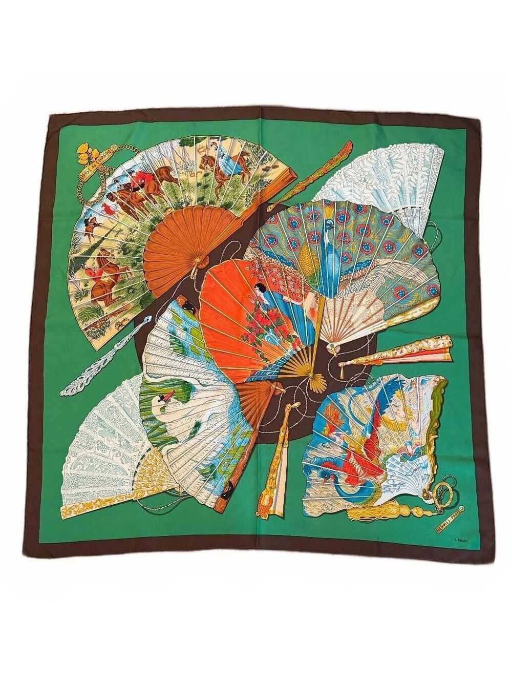 Hermes Brise de Charme Carre 90 Silk Scarf Green Brown Folding Fans 35"